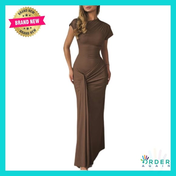 Bodycon Maxi Dress Elegant Ruched Mock Neck Cocktail Party Formal
